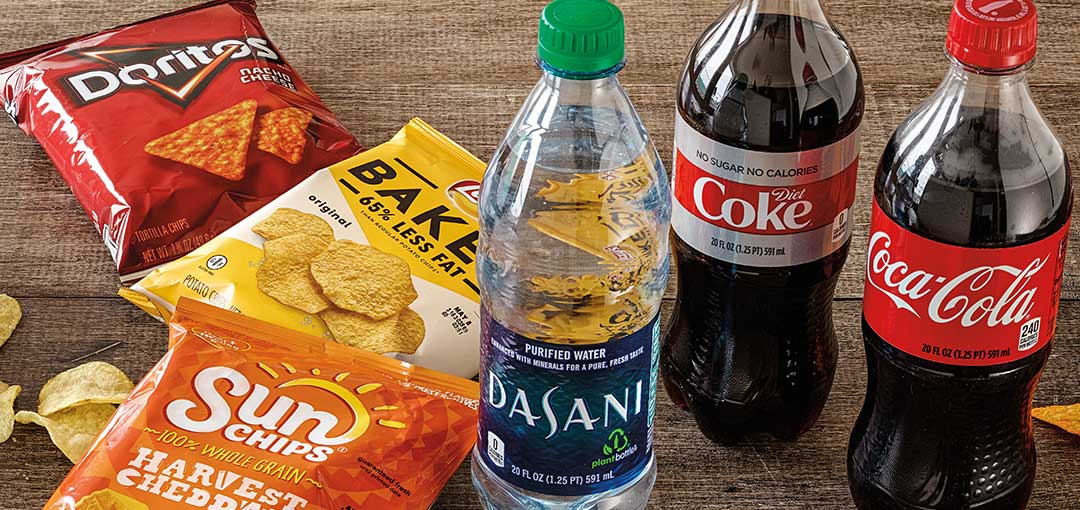 Sunchips, Lays Chips, Doriitos, Dasani, Diet Coke and Coke