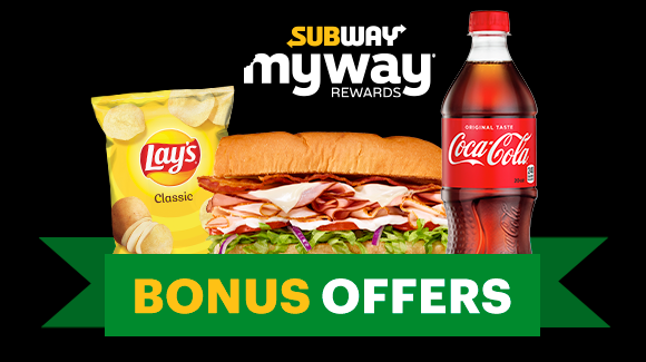 Sub, bag of chips and bottle of soda with “Bonus offers” below it and Subway MyWay logo on top of it.